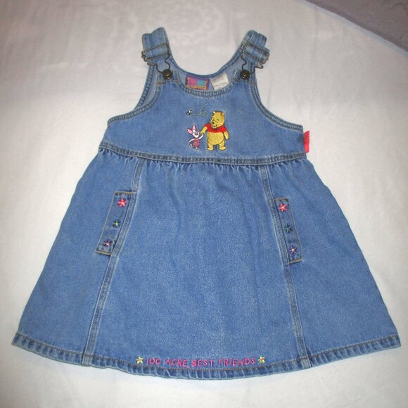 Vintage Winnie the Pooh Denim Embroidered Jumper Dress Overall Size 5-6 (4)